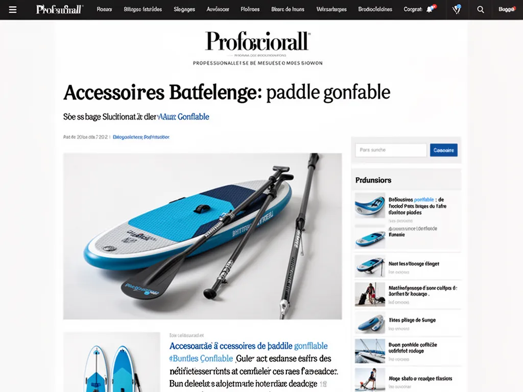 Plan rapproché d'un sac à dos contenant une pagaie démontée et un leash, posé à côté d'un paddle gonflable sur une plage